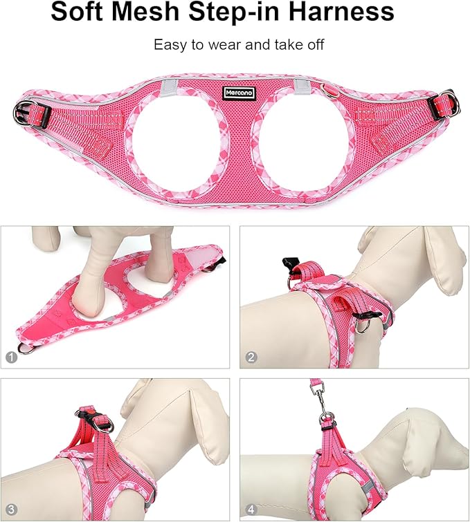 Mercano Soft Mesh Dog Harness and Leash Set, No-Chock Step-in Reflective Breathable Lightweight Easy Walk Vest Harnesses with Safety Buckle for Small Dogs, Cats (XXS, Fuchsia)