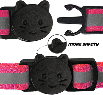 BANMODER 2 Pack Reflective Cat Collar Breakaway with Bell,Personalized Kitten Collars,Adjustable Safety Buckle Collar for Male Cats Girls & Boys (Hot Pink)