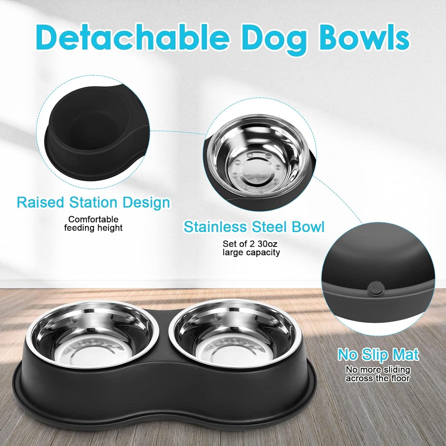 Dog Bowls Large Double Dog Water and Food Bowls Stainless Steel Bowls with Non-Slip Resin Station, Pet Feeder Bowls Food Dish for Small Medium Large Dogs Cats