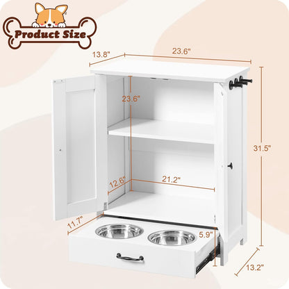 ALINE FURNITURE Dog Feeding Station with Storage Cabinet and 2 Elevated Dog Bowls, Hidden Pet Feeder Station Wood, Dog & Cat Storage Organizer, White