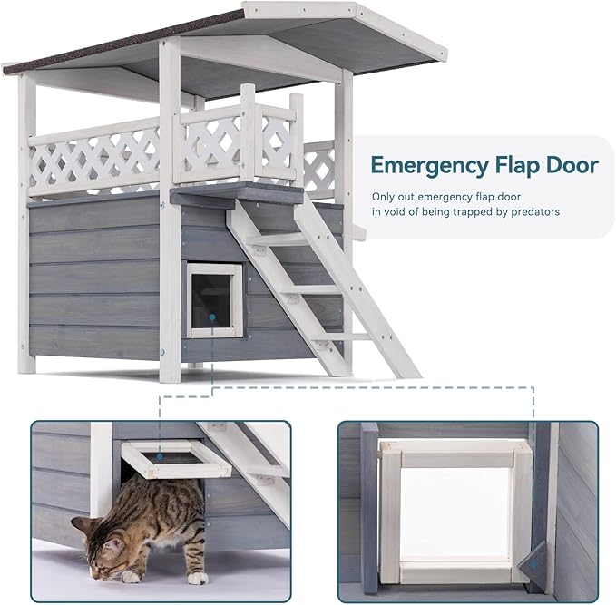 Petsfit Outdoor Cat House Weatherproof, Wooden Outside Feral Cat Shelter with Stair, 2 Story Cat Houses for Indoor Cats Small Dogs with Escape Door(Gray)