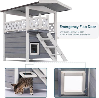 Petsfit Outdoor Cat House Weatherproof, Wooden Outside Feral Cat Shelter with Stair, 2 Story Cat Houses for Indoor Cats Small Dogs with Escape Door(Gray)