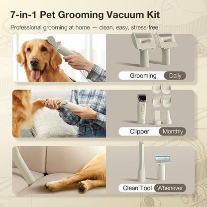 Dog Grooming Kit with Dog Grooming Vacuum, 7-in-1 Pet Vacuum for Pet Hair,Hair Dryer with 3 Temperature Settings, 2.5L Dustbin for Shedding & Cleaning(M1 Pro- Cream)