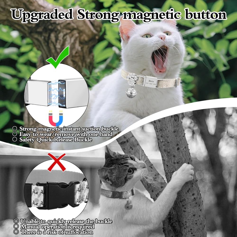 Personalized Breakaway Cat Collars - Magnetic Buckle, Bell - Safety Quick Release, Customized for Girls & Boys Cats- (Herringbone-Oatmeal)