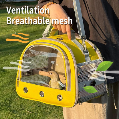 Bird Carrier,Bird Cage Parakeet Parrot Budgie Carrier Backpack for Small Birds, Travel Bird Cages with Perch, Transparent Ventilation Cockatiels, Lightweight Pet Carrier for Outdoor Use(Yellow)