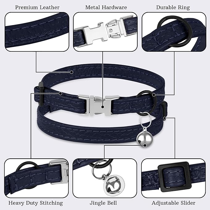 Leather Cat Collar with Buckle and Removable Bell - Non Breakaway Adjustable Soft Safety Small Pet Collars for Girl Boy Cats Kitten (Navy Blue)