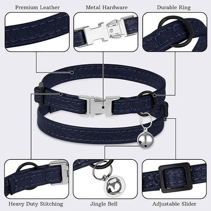 Leather Cat Collar with Buckle and Removable Bell - Non Breakaway Adjustable Soft Safety Small Pet Collars for Girl Boy Cats Kitten (Navy Blue)