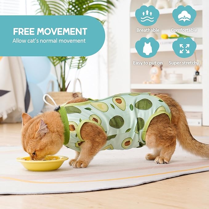 Avont Cat Recovery Suit - Kitten Onesie for Cats After Surgery, Cone of Shame Alternative Surgical Spay Suit for Female Cat, Post-Surgery or Skin Diseases Protection -Avocado(M+)