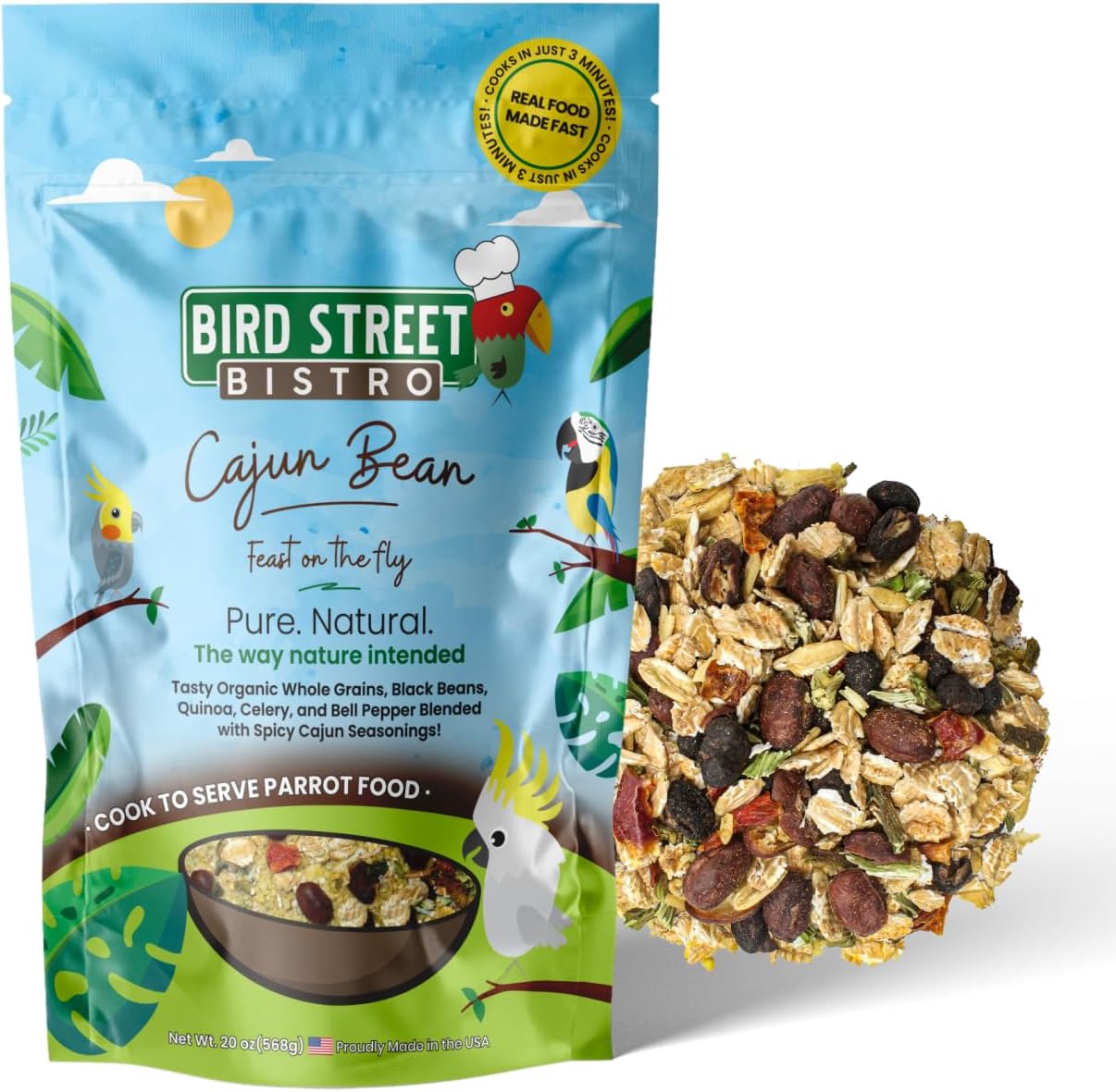Bird Street Bistro Parrot Food for Parakeets & Cockatiels - Cajun Bean - 20 oz - Cooks in 3-15 min, Natural & Organic Grains, Fruits & Vegetables - USA Made