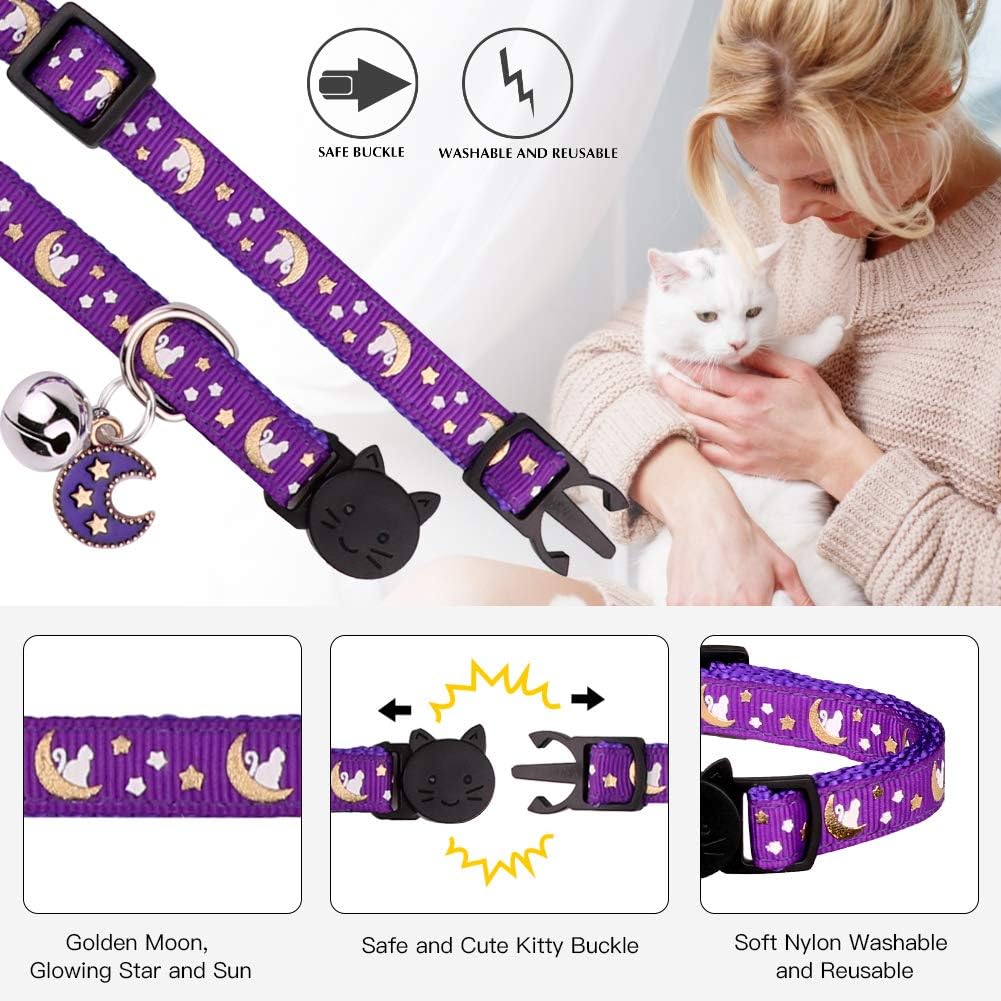 2Pcs Breakaway Cats Collars Cat Collars for Boy & Girl Cats Adjustable Kitten Collars with Bell,Pink+Purple,7"-10.7"