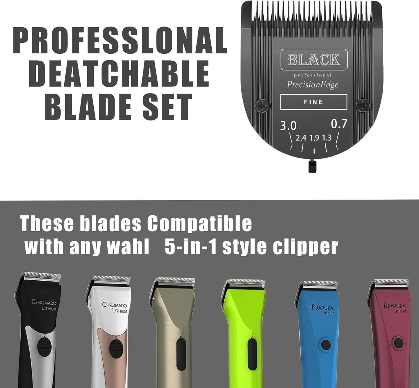 Adjustable 5 in 1 Blades Dog Grooming Blades Compatible with Wahl Animal Clipper Arco, Bravura, Chromado, Creativa, Figura, and Motion Pet, Dog, and Horse (BLACK/3PC)