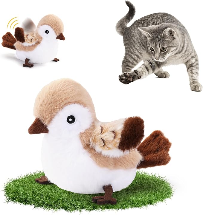 Cat Toys Flapping Bird(No Flying)， Rechargeable Touch-Activated Interactive Toy with Lifelike Chirp for Indoor Cats & Kittens Exercise （Sparrow）