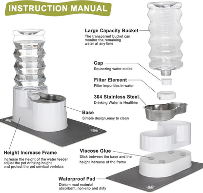 RIZZARI Automatic Dog Water Dispenser：8L Lagre Stainless Steel Raised Pet Water Bowl Gravity Feeder with Filter & Waterproof Mat - Indoor/Outdoor Pet Feeder
