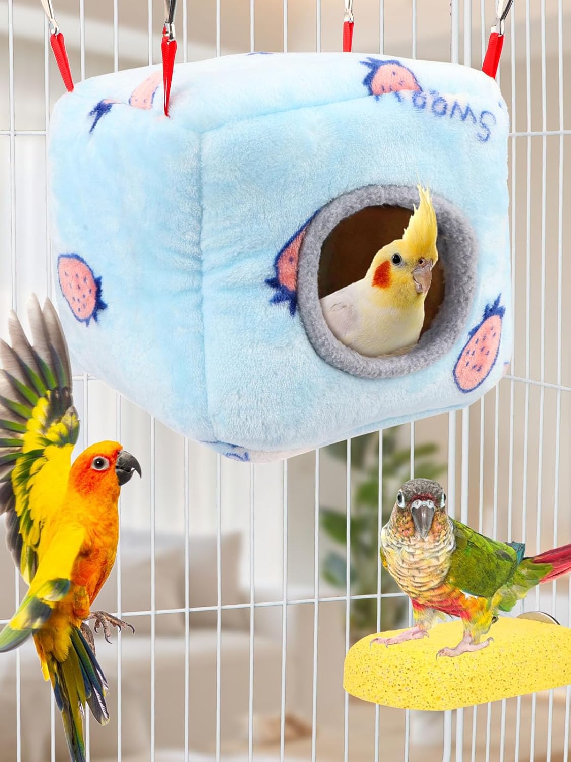 Wontee Bird Nest House Winter Warm Bird Bed for Cage Hanging Hammock Shed Hut for Parrots Budgies Parakeets Caique Senegal Cockatiels Conures (Medium-7.5"x7.5"x7.5")