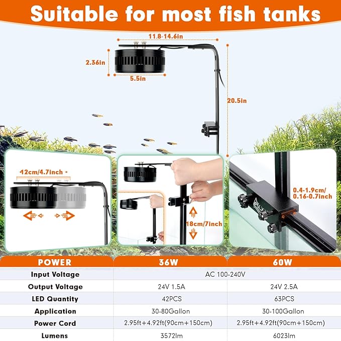 AQQA Aquarium Clip-On Stream Light with Controller, LED Fish Tank Light with 3 Modes (White/RGB/Full Spectrum), Timer & 6 Brightness Levels, Adjustable Clamp for Freshwater Plants Fish Tanks 60W