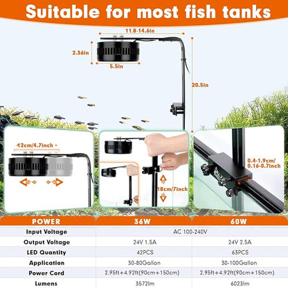 AQQA Aquarium Clip-On Stream Light with Controller, LED Fish Tank Light with 3 Modes (White/RGB/Full Spectrum), Timer & 6 Brightness Levels, Adjustable Clamp for Freshwater Plants Fish Tanks 60W