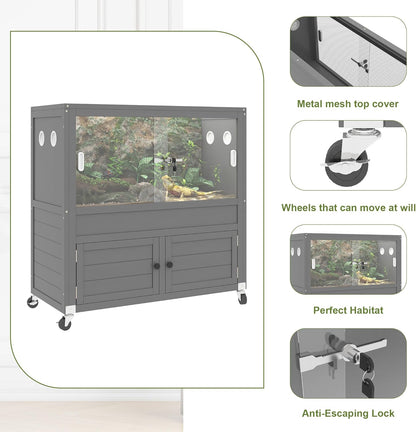 40 Gallon Reptile Tank with Storage Cabine,Bearded Dragon Tank with Stand,Reptile Enclosure with Sturdy Locks, Heat-Resistant Mesh Top, Adjustable Cabinet and 4 Wheels