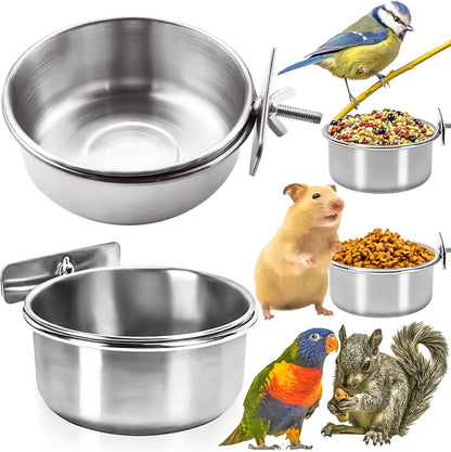 MotBach 2 Pack Bird Feeding Bowls Cups Parrot Food Water Dishes, Stainless Steel Bird Bowl Cup Dish with Clamp, Birdcage Feeder Pet Cage Bowls for Cockatiel Budgie Conure Macaw Parakeet Small Animal
