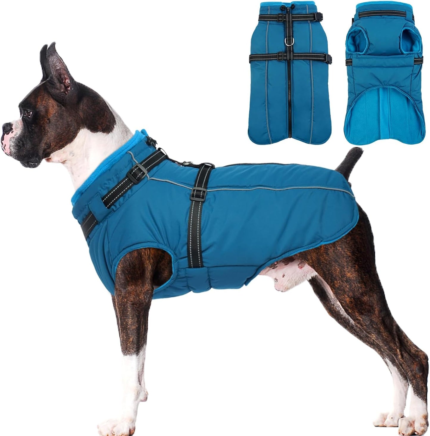 Lelepet Waterproof Dog Jacket with Harness Built in Warm Dog Winter Coat, Reflective Windproof Fleece Jacket, Dogs Coats for Lage Dogs, Thermal Pet Snowsuit for Cold Weather, French Bulldogs, Blue, L