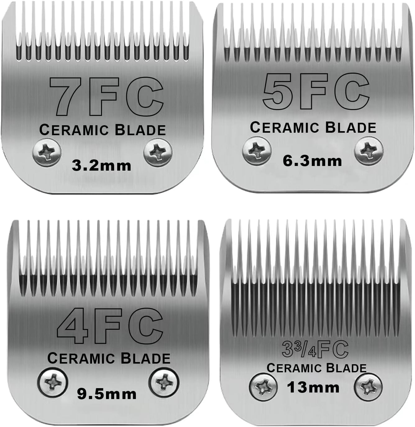 Size 7FC/5FC/4FC/3FC Detachable Pet Dog Grooming Clipper Ceramic Blades Set,Compatible with Andis,Oster A5,Wahl KM10 Series Clippers,Cut Length 1/8"(3.2mm) to 1/2"(13mm),4 Pack