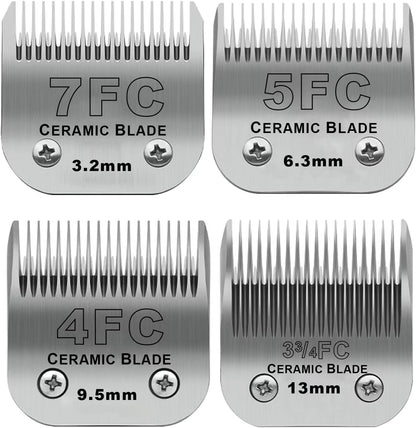 Size 7FC/5FC/4FC/3FC Detachable Pet Dog Grooming Clipper Ceramic Blades Set,Compatible with Andis,Oster A5,Wahl KM10 Series Clippers,Cut Length 1/8"(3.2mm) to 1/2"(13mm),4 Pack
