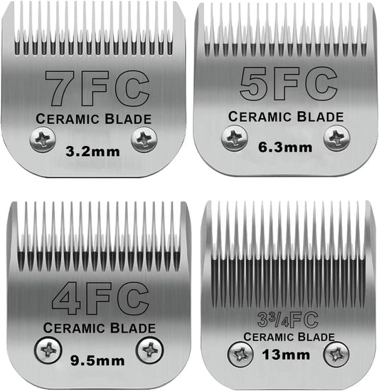 Size 7FC/5FC/4FC/3FC Detachable Pet Dog Grooming Clipper Ceramic Blades Set,Compatible with Andis,Oster A5,Wahl KM10 Series Clippers,Cut Length 1/8"(3.2mm) to 1/2"(13mm),4 Pack