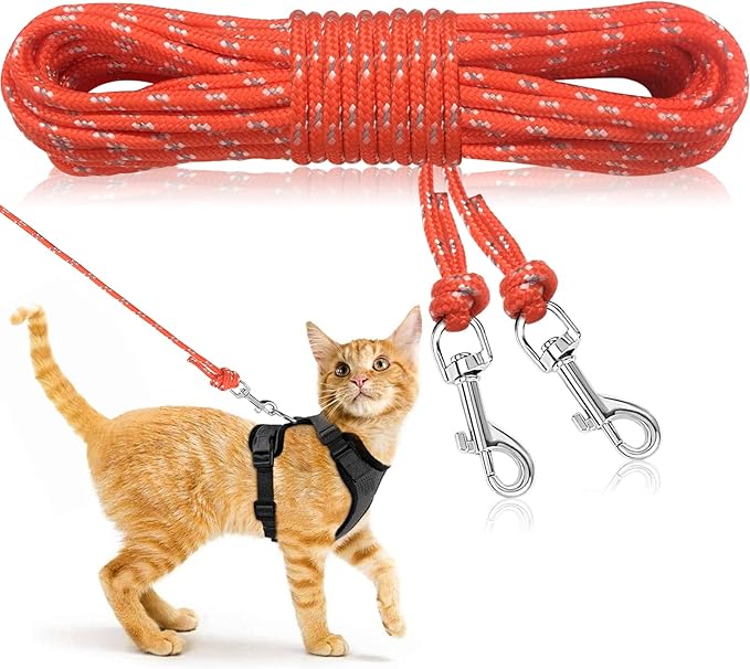 Rypet Reflective Cat Long Leash - 15 FT Escape Proof Walking Leads Yard Long Leash Durable Safe Personalized Extender Leashes Traning Play Outdoor for Kitten, Puppy, Rabbit and Small Animals