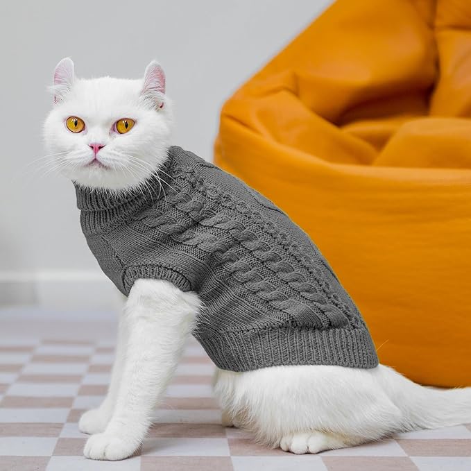 PUPTECK Winter Cat Sweater Coat - Soft Warm Cold Weather Clothes Knitwear for Kittens & Small Dogs Indoor Outdoor Wearing, Knitted Classic for Doggies Kitties Girls Boys, Grey, S