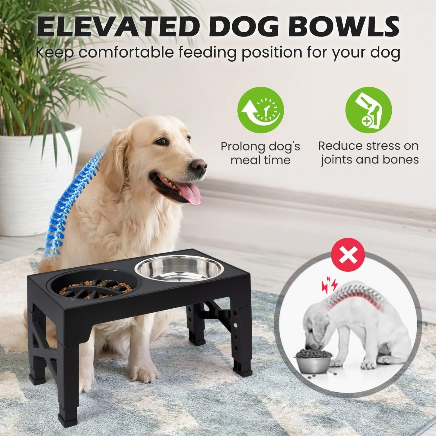 Heeyoo Elevated Dog Bowls - 5 Adjustable Heights Stand, 2 Stainless Steel Bowls & 1 Slow Feeder, 3.2" to 12.2" for Small to Large Dogs