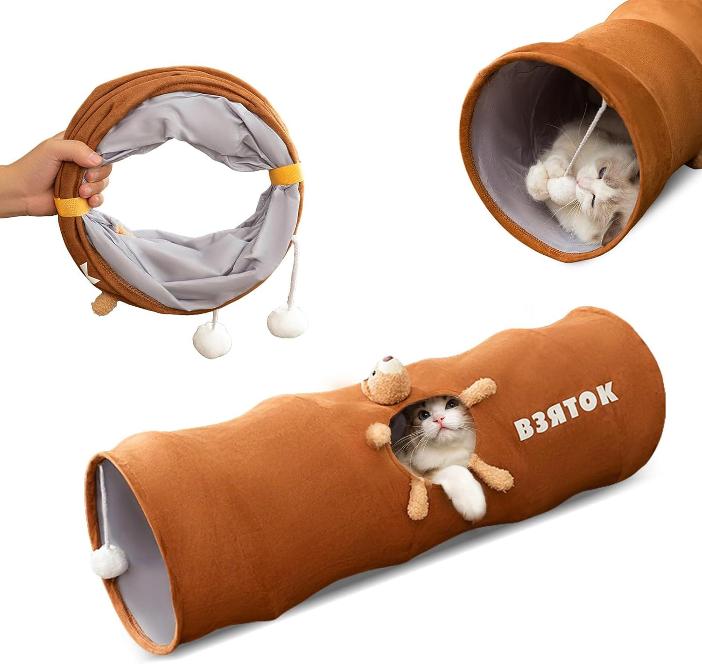 Cat Tunnels for Indoor Cats, Collapsible Pet Play Tube with Cat Toys and One Peek Hole, Pet Hideout Hideaway for Cats, Kittens, Bunny Rabbits, Ferrets, Puppy,Brown,S