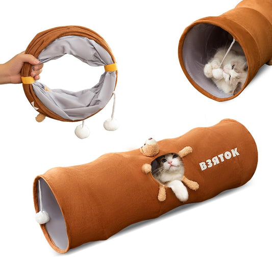 Cat Tunnels for Indoor Cats, Collapsible Pet Play Tube with Cat Toys and One Peek Hole, Pet Hideout Hideaway for Cats, Kittens, Bunny Rabbits, Ferrets, Puppy,Brown,S