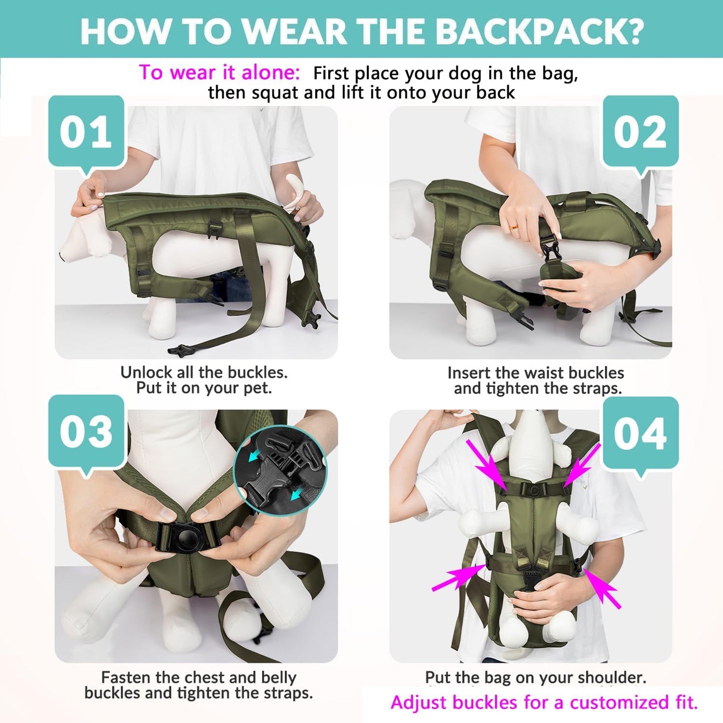 Lukovee Dog Backpack Carrier, Legs Out Easy-fit Dog Front Carrier for Small Medium Dogs, Adjustable Hands Free Dog Chest Carrier for Hiking Cycling (Green-4,Medium)