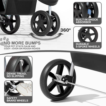 MoNiBloom Foldable Pet Stroller with Weather Cover, 3 Wheels Pet Strolling Cart for Small/Medium Dogs and Cats with Storage Basket and Cup Holder, Breathable and Visible Mesh for All-Season, Black