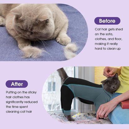 SUNFURA Hair Sticky Cat Clothes, Cat Sweater for Cats Only, 4-Legged Fleece Sweaters Kitten Pajamas Reduce Shedding Fur, Warm Pullover Shirts for Cats, Green M