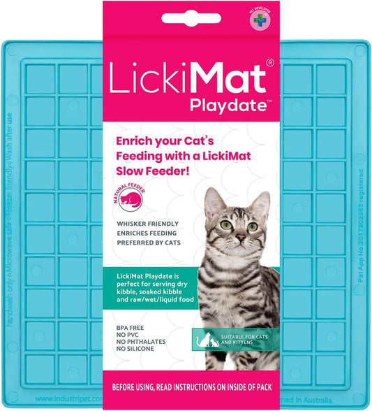 LickiMat Classic Playdate, Cat Slow Feeder Lick Mat, Boredom Anxiety Reducer; Perfect for Food, Treats, Yogurt, or Peanut Butter. Fun Alternative to a Slow Feed Cat Bowl or Dish, Turquoise