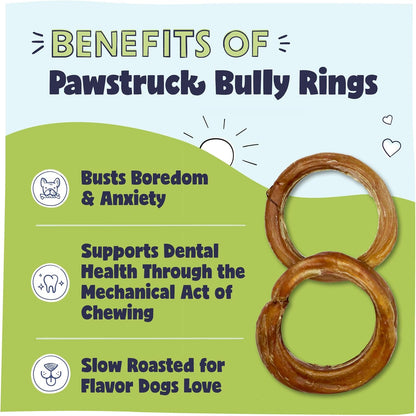 Pawstruck All-Natural 4" Bully Stick Rings for Dogs - Rawhide-Free, 100% Beef, Single Ingredient Dental Chew Bones - Fully Digestible, Low Odor - 3 Pack - Packaging May Vary