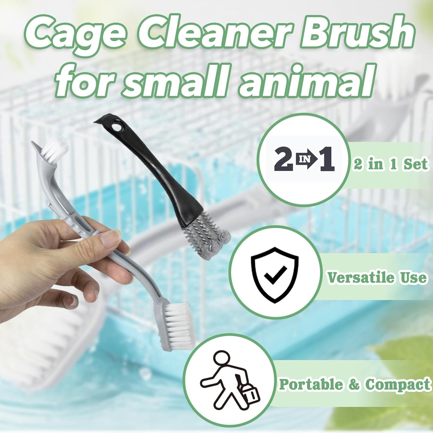 2 Pcs Bird Cage Cleaner Brush & Scoop with Long Handle and Curved Brush Head, 2-in-1 Bird Cage Cleaner with Front and Back Brushes for Kennel, and Parrot Perch Cleaning