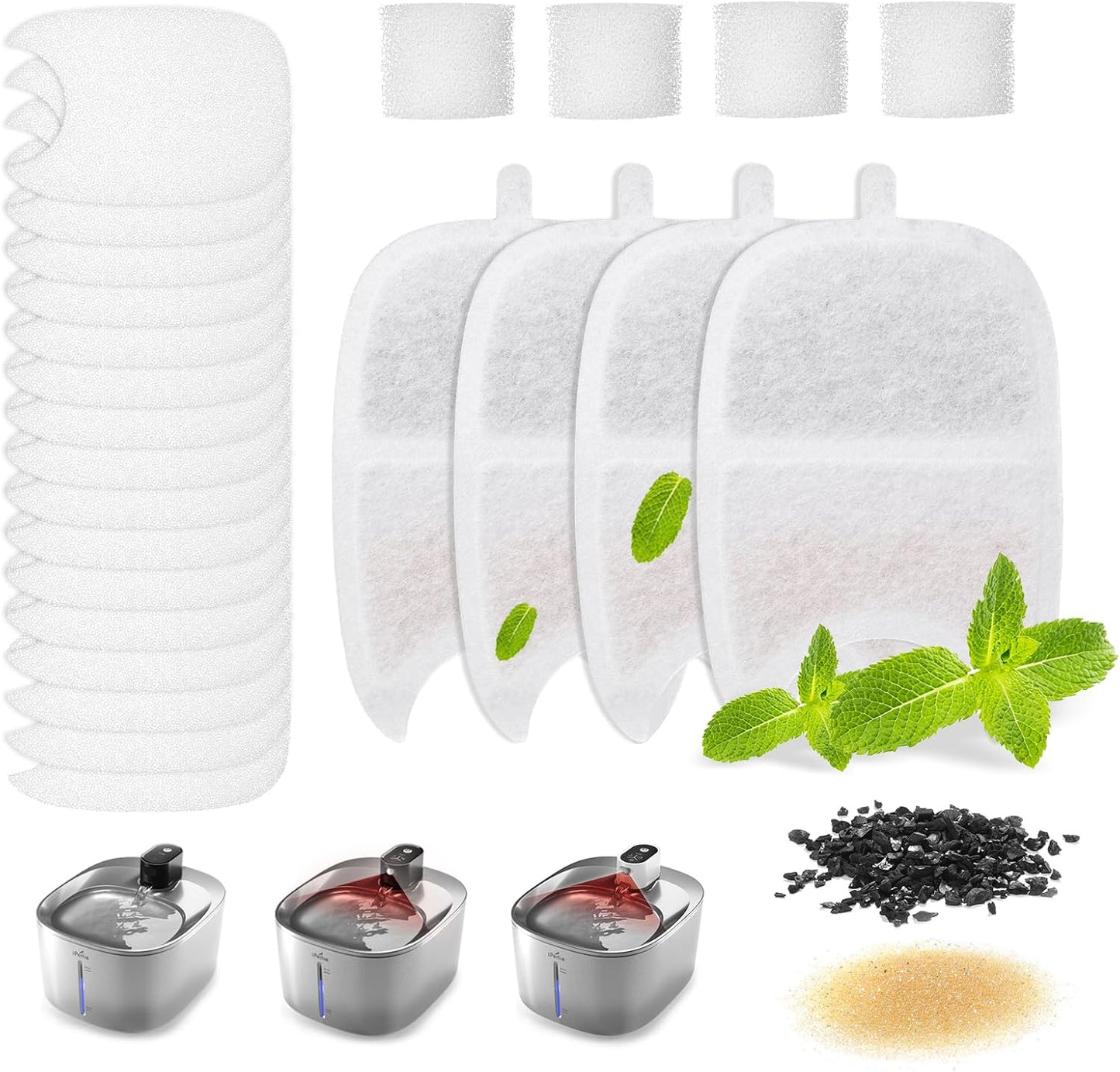 iPettie Water Fountain Filters Kits for Runway Stainless Steel Cat Water Fountain, IP-WF-S04-F4, 4 x Carbon Filter, 16 x Sponge Filter, 4 x Pump Filter