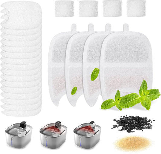 iPettie Water Fountain Filters Kits for Runway Stainless Steel Cat Water Fountain, IP-WF-S04-F4, 4 x Carbon Filter, 16 x Sponge Filter, 4 x Pump Filter