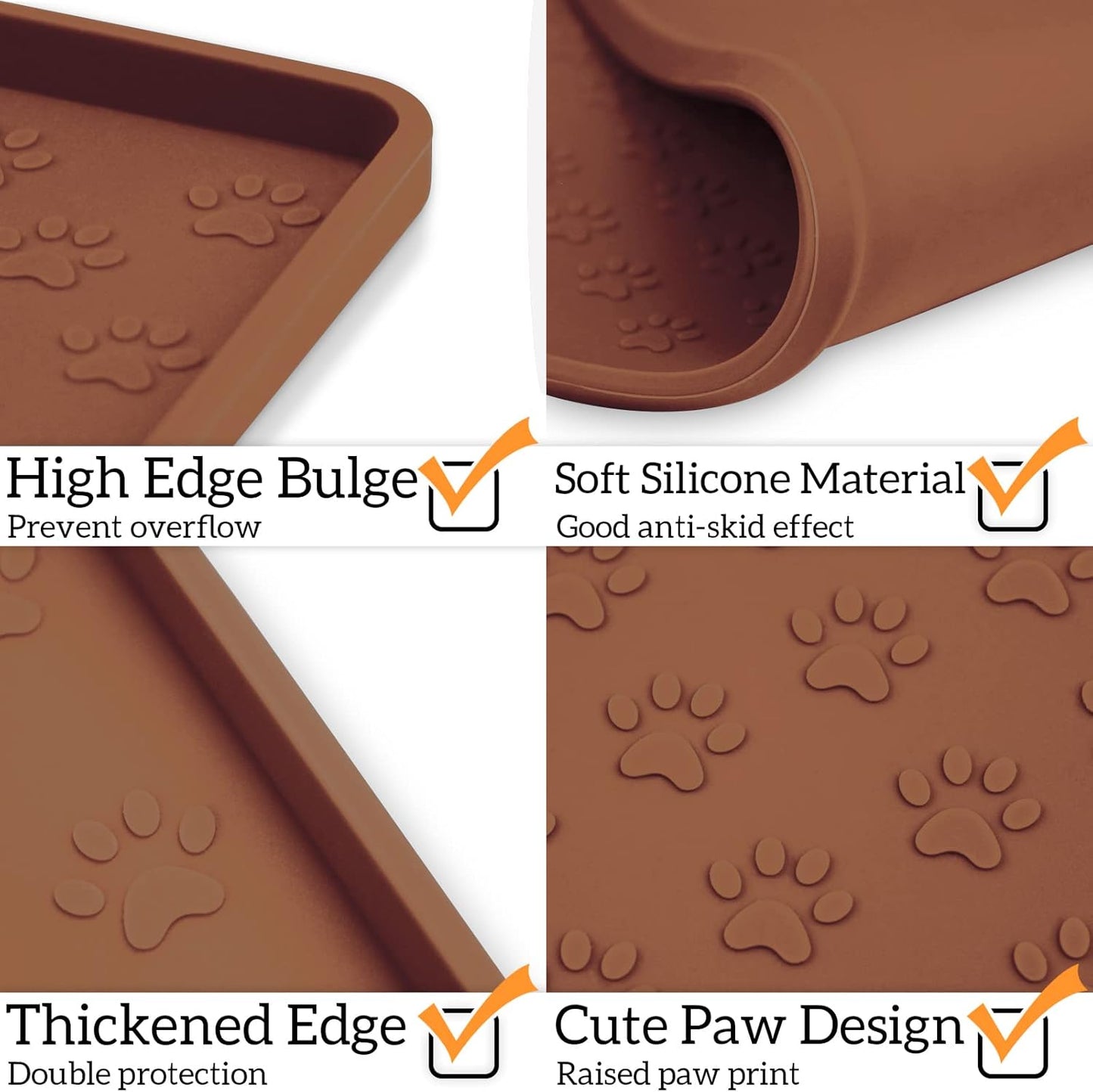 Ptlom Dog Food Mat Anti-Slip Bowl Mats for Food and Water, Waterproof Silicone Pet Placemat with High Raised Edges, Non-Slip Puppy Feeding Tray for Small, Medium Large Cats Dogs, Brown, 24.5" 16.5"