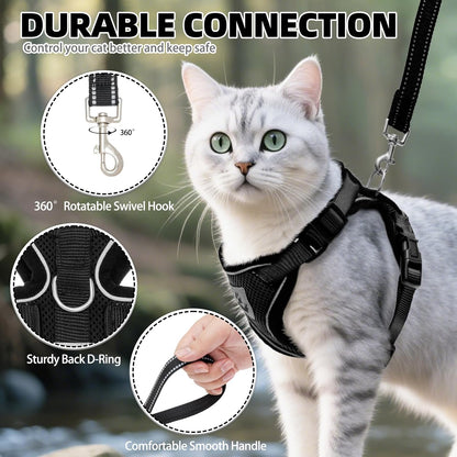 PUPTECK Cat Harness and Leash Set Escape Proof Reflective Cat Walking Harness Adjustable Soft Breathable Mesh Vest for Small Pets, Black, M