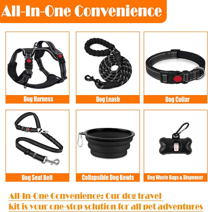 No Pull Dog Harness, Collar & Leash Set | Includes Dog Seat Belt, Collapsible Bowls & Poop Bag Dispenser. Ideal for Training, Walking, Hiking. Fits Small to Large Dogs(Black-L)