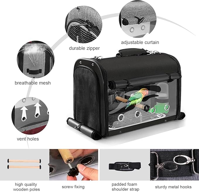 Sanmoncare Bird Carrier Bag Cockatiel Travel Cage with Stand, Lightweight Travel Carrier for Small Bird, Portable Parrot Travel Bag, Pet Transparent Travel Backpack