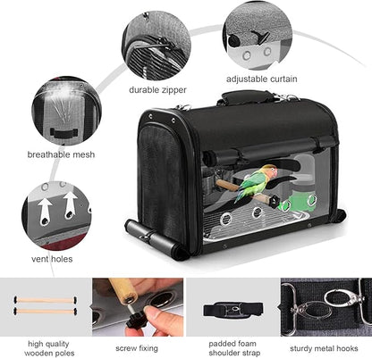 Sanmoncare Bird Carrier Bag Cockatiel Travel Cage with Stand, Lightweight Travel Carrier for Small Bird, Portable Parrot Travel Bag, Pet Transparent Travel Backpack