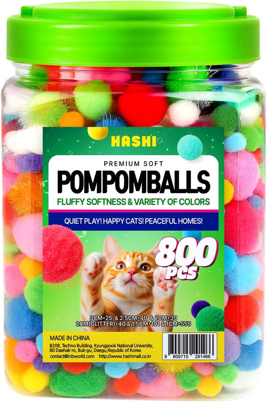HA SHI Cat Toy Balls – 800-Pack Pom Pom Balls, Soft, Bouncy, Sparkle, Multi-Color & Mixed Sizes, No-Bell Toys for Indoor Cats & Kittens, Great for Quiet Night Play & Small Spaces