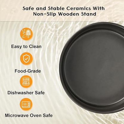 SPUNKYJUNKY Ceramic Elevated Dog Bowls 2 Pack - 8.3inch Raised Dog Bowls with Non-Slip Wooden Stand for Large Dogs Dishwasher Safe(Black,60OZ*2)