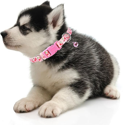 Cute Small Dog Collar with Bell,Pink Cherry Puppy Collar Tiny Cat Collars with Bells for XS Small Pet boy and Girl Dogs Kitten Little Animal,Small