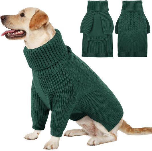 Queenmore Large Dog Sweater for Girl or Boy, Christmas Knitwear, Winter Puppy Sweatshirt, Pet Chunky Warm Coat for Small Medium Dogs, Green L