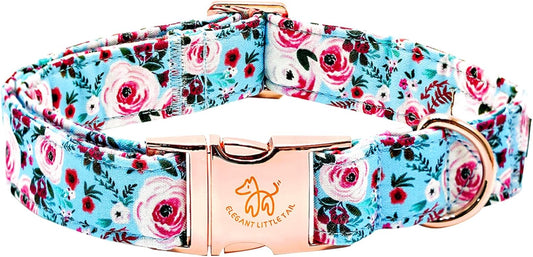 Elegant little tail Dog Collar, Pink Floral Print Pet Collar Summer Dog Collar Pet Collar Dog Cotton Durable Dog Collar Metal Buckle Collar for Medium Dogs, Blue Flower