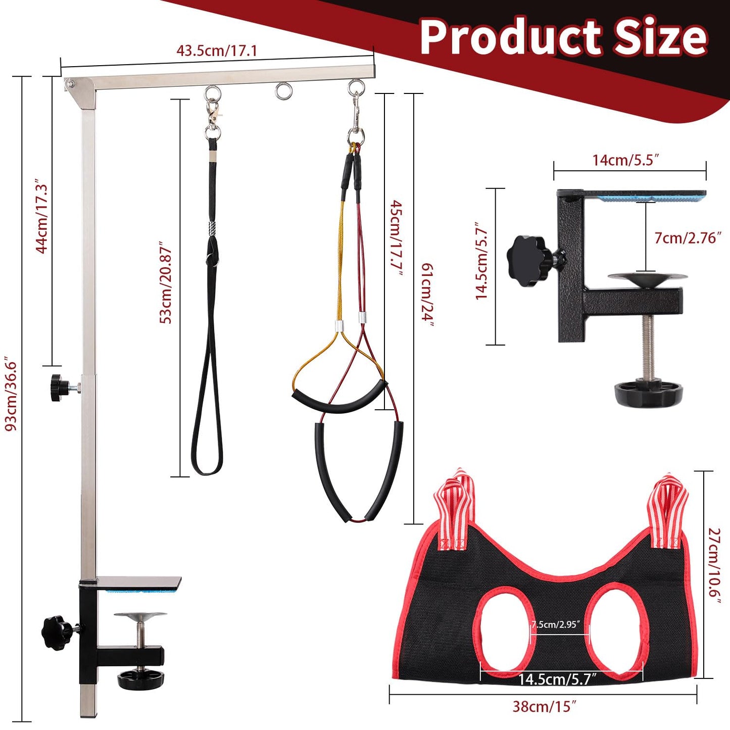 Dog Grooming Table Arm with Hammock - Adjustable Height, Pet Grooming Hammock, No Sit Haunch Holders, Loop Noose Heavy-Duty Clamp (Stainless Steel)